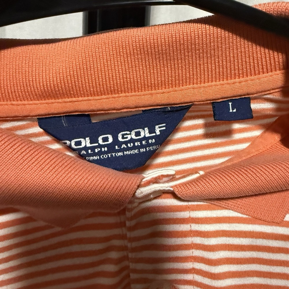 Polo Golf Ralph Lauren‎ Mens Large Orange White Striped Pima Cotton Polo Shirt - Picture 3 of 5